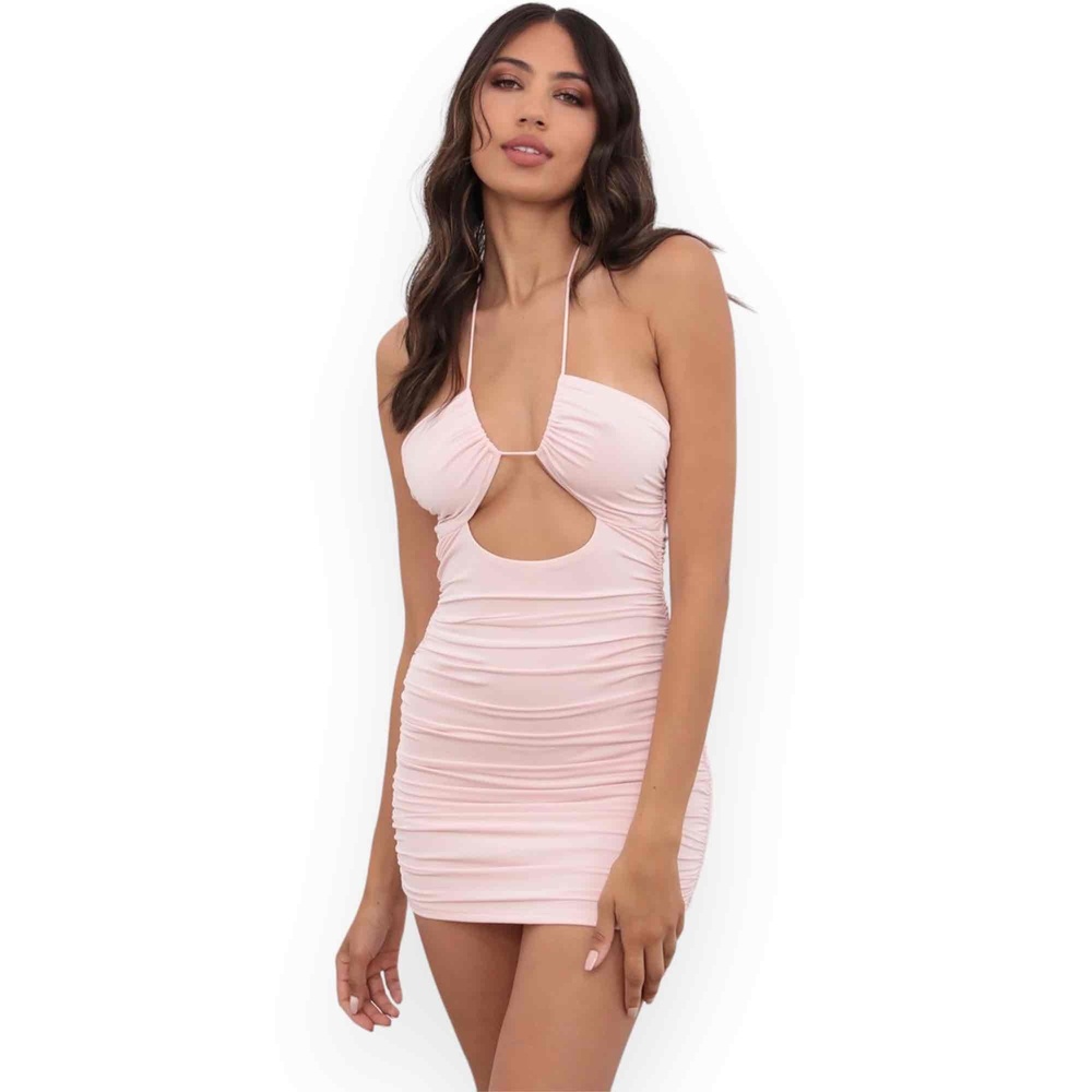 Lucy In The Sky NEW Keyhole Ruched Dress Light Pink Cutout Mini Size Small